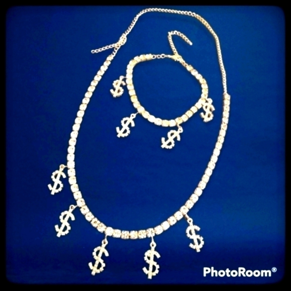 Rhinestone Bling Dollar Sign Hip Hop Necklace Anklet Set